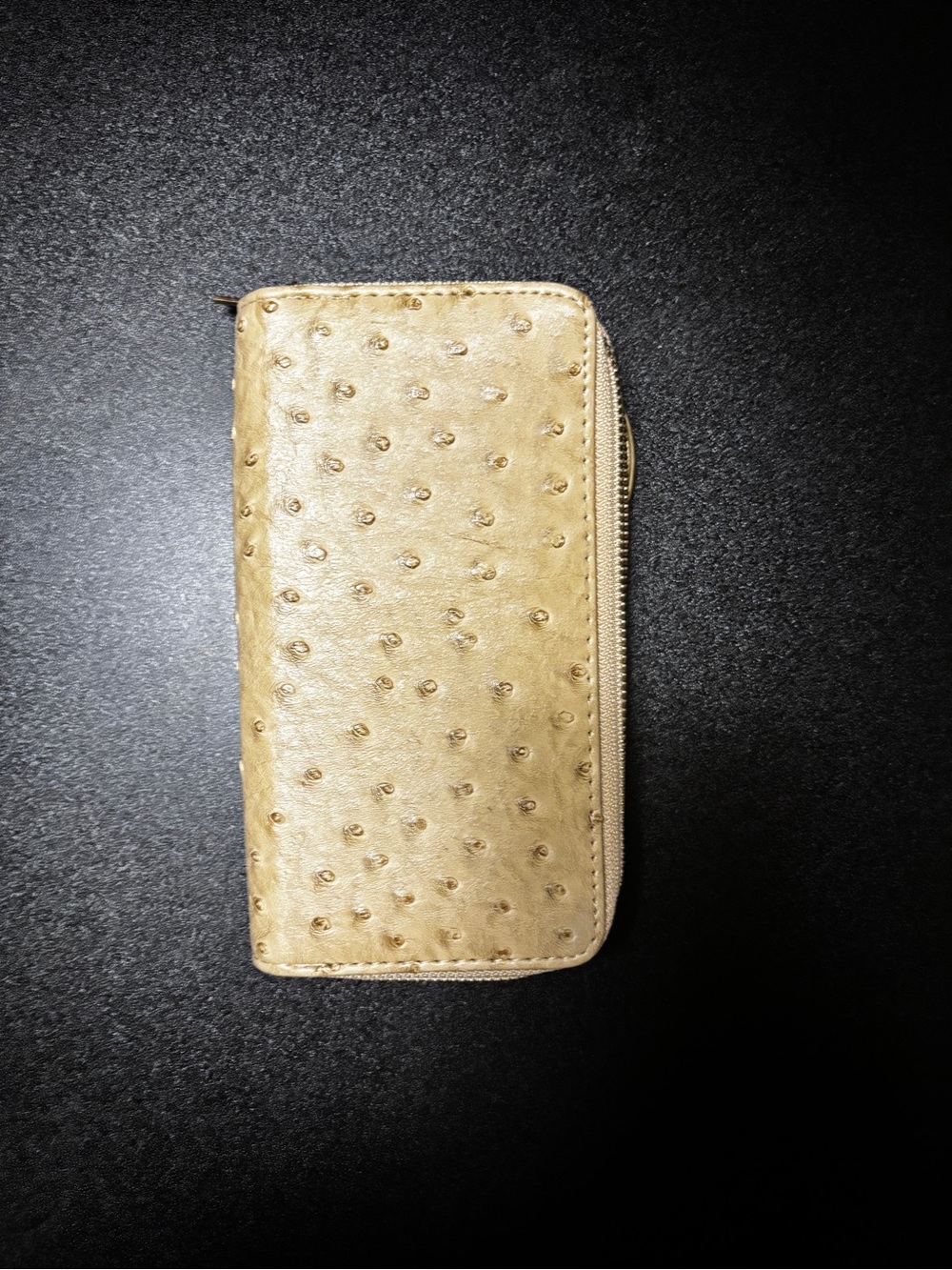 Leather Zip Wallet - Beige Ostrich Texture